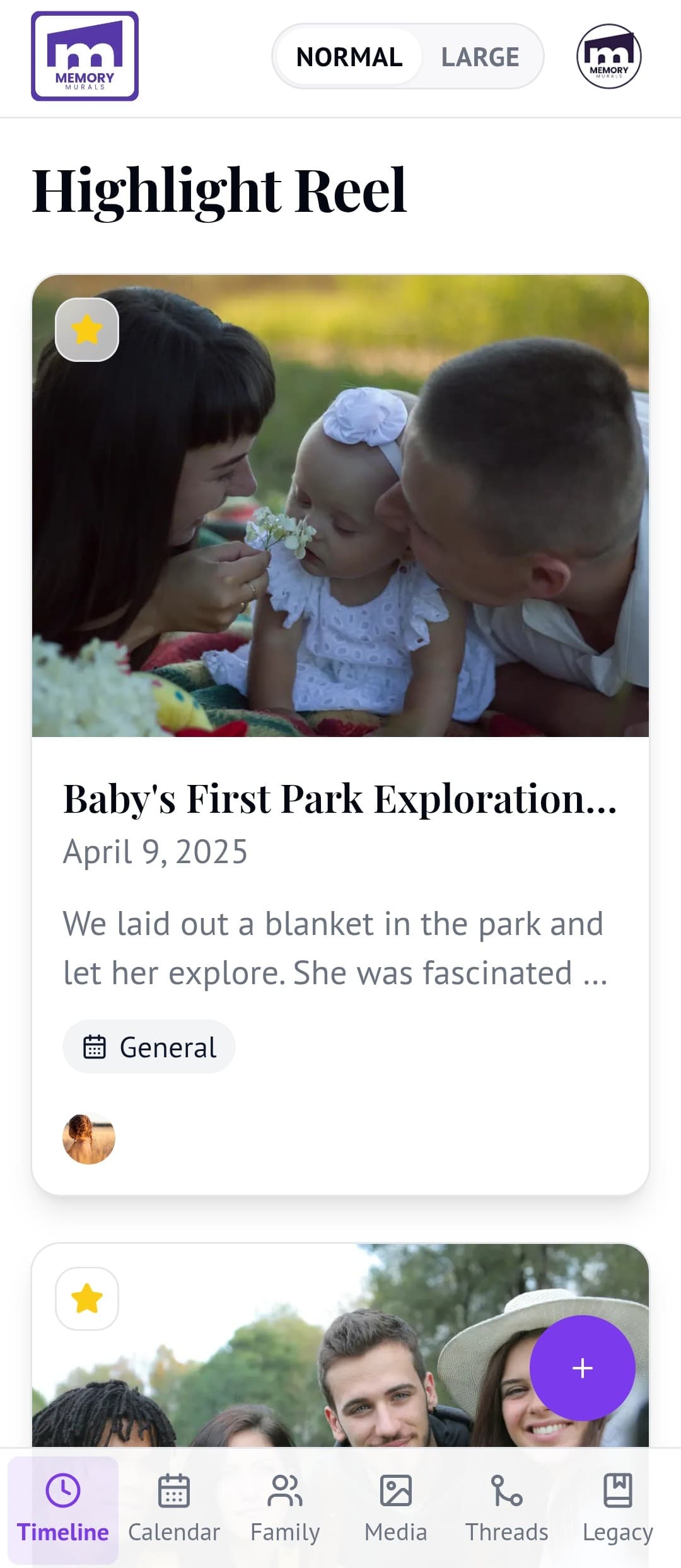 Memory Murals app showing a family memory timeline with photos, stories, and voice recordings